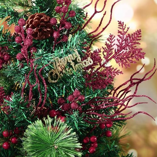 75 Pcs Christmas Glitter Tree Picks 3 Styles Berry Stems, Burgundy - Image 4