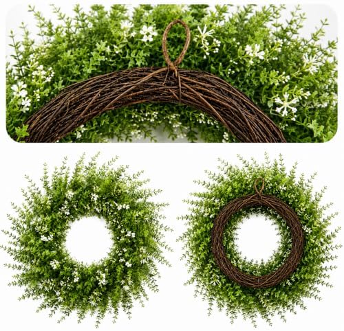 26 Inch Artificial Boxwood Wreath with White Flowers, Large Greenery Wreath - Image 3