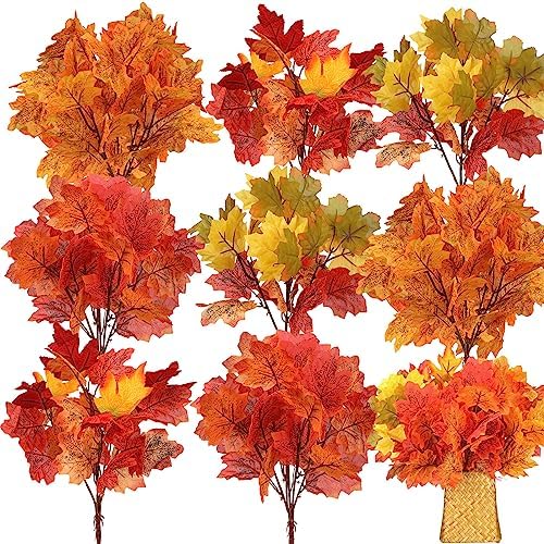 Tigeen 8Pcs Fall Leaves Faux Maple Leaves Stems Thanksgiving Decor, Vibrant by Tigeen