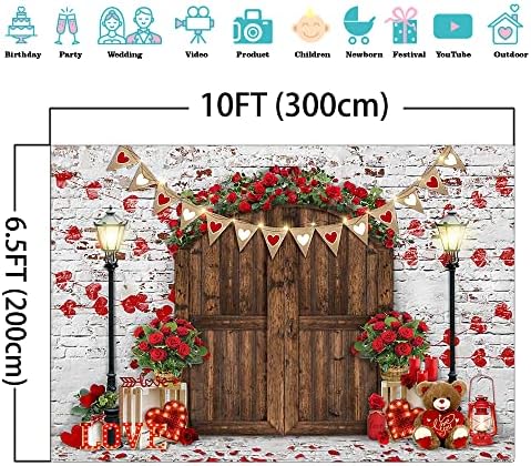 Mocsicka Rustic Wood Door Red Roses Backdrop Love Hearts Brick Wall Background Romantic Valentine's Day Party Decoration Supplies Photo Booth Props (10x6.5ft) - Image 4