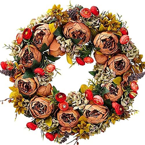 BOMAROLAN Artificial Peony Flower Wreath 19Inch Vintage Blooming Silk Peonies Spring Summer Fall Winter Large Wreaths Flower Green Leaves for Outdoor Front Door Indoor Wedding Wall Or Window Décor by BOMAROLAN