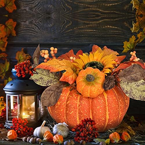Lvydec Large Pumpkin Fall Table Decoration, Artificial Pumpkin with Maple Leaves Sunflower Berries and LED Lights for Fall Table Centerpieces Thanksgiving Decor - Image 3