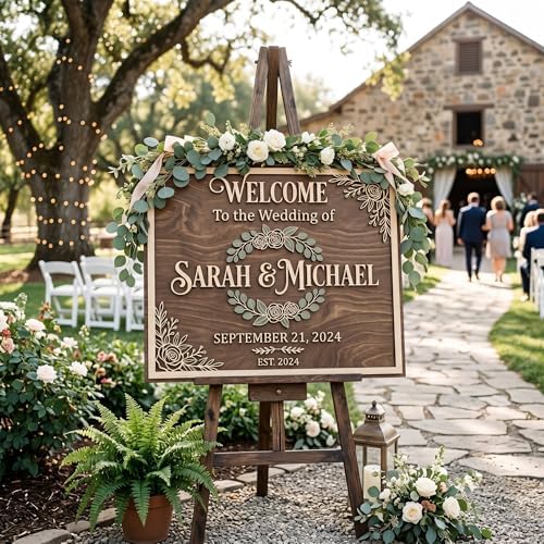 Personalized Rustic Wreath Wedding Welcome Sign - Custom 3D Wood Floral Ceremony Entrance & Reception Board for Farmhouse, Barn or Garden Venue - Multiple Sizes - Image 6