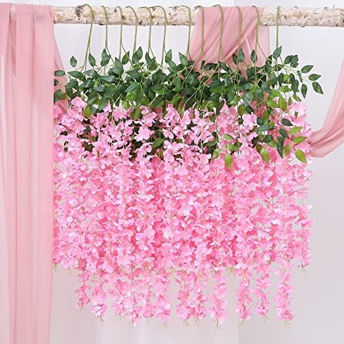 Duovlo 12 Piece Artificial Silk Wisteria Vine 3.6 Feet Ratta Hanging Flower Garland String Home Party Wedding Decor (Light Pink) - Image 5