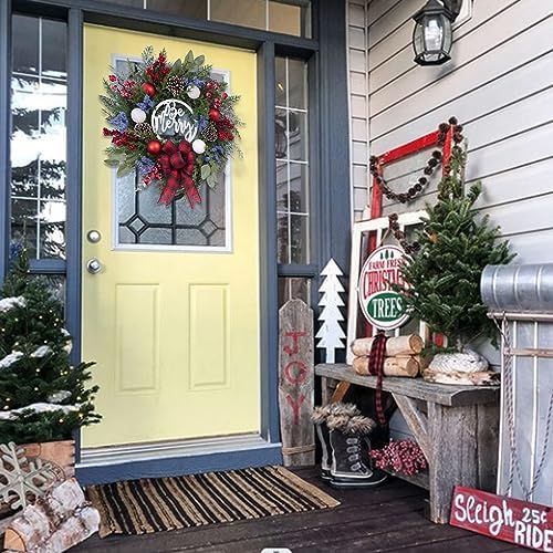Prelit Christmas Wreath for Front Door Outside,22 inch Be Merry Wreath with red Black Buffalo Plaid Bow,Lighted Farmhouse Christmas decoration-30 LED Light/Timer,Winter Door Wreath, Porch Decor - Image 4