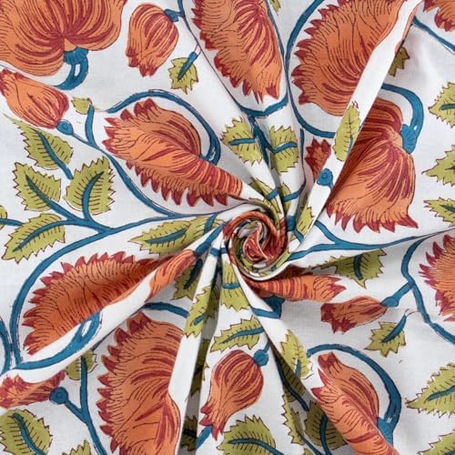 72x118 Inches Rectangle Hand Block Printed Cotton Tablecloth, Red Yellow Floral Table Cloths Washable, Indian Table Linen for Halloween Christmas Outdoor Thanksgiving Gifts Home Decor Dinning Outdoor - Image 3