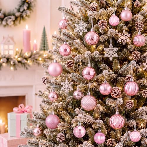 Lunmon 64 Pieces Pink Christmas Ball Ornaments Shiny Pink Xmas Bulbs - Image 5