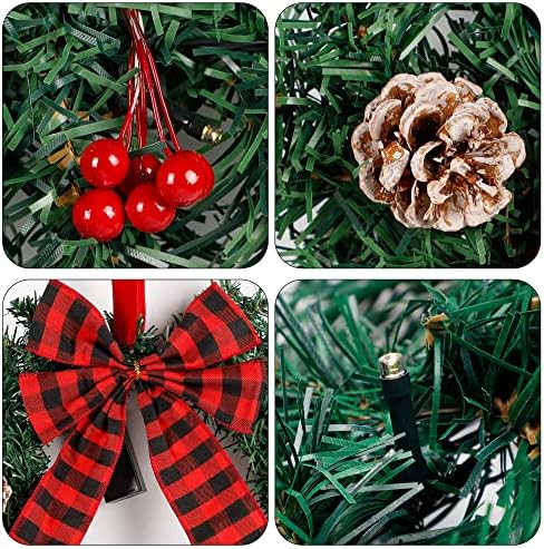 ATDAWN 3 Pack Mini Christmas Wreath, Lighted Christmas Front Door Wreath, Xmas Wreath for Holiday Christmas Party Decorations (Plaid Bow) - Image 3
