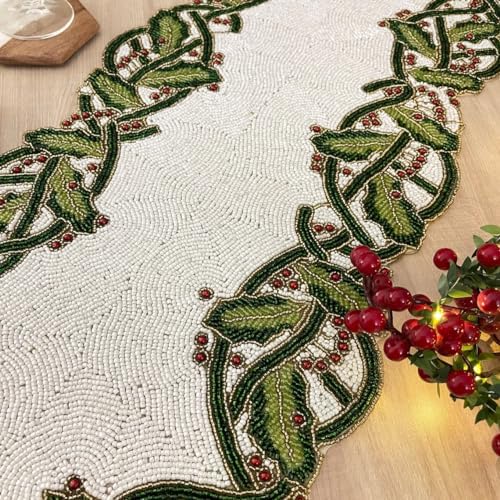 Enliven Christmas Special Beaded Holly Berry Design Runner, 13x36 inch - Image 4