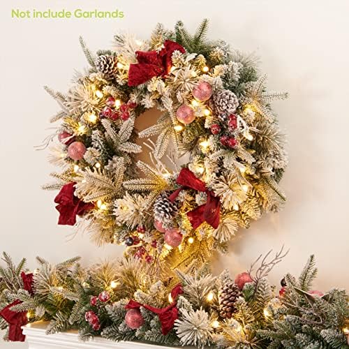 Pre-lit Snow Christmas Wreath with Red Balls,Berries and Bows,24 Inch 50 Battery Operated LED Lights,Holiday Decoration for Front Door Outdoor - Image 5