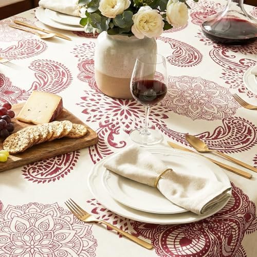 Cotton Damask Print Tablecloth with Scalloped Edge, Machine Washable, Rust Cream, 60 x 120 Inch Rectangle - Image 4