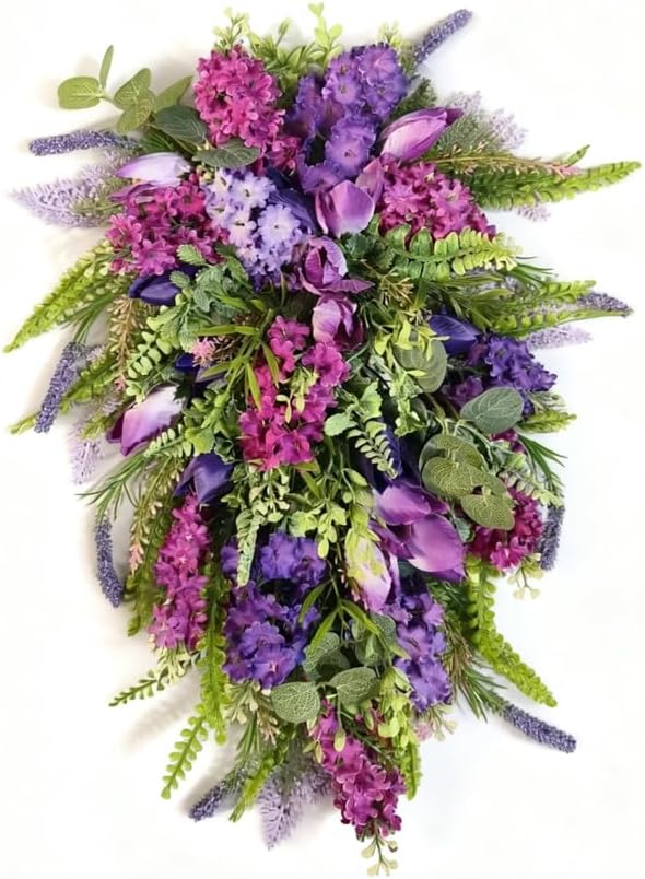 Purple Floral Hanging Wreath - Inch Lavender Tulip Hyacinth Eucalyptus Door Decor for Spring Summer, Wedding Arch Garden Porch Decoration by PQIQP