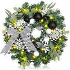 Knitgrip White Black Plaid Pre-Lit Christmas Wreaths for Front Door by Knitgrip