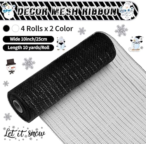 10 Pcs Winter Ribbons 4 Roll Mesh Ribbon 6 Roll Wired Ribbon Black - Image 2