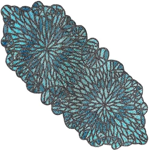 CLEENTABLE Beaded Table Runner, Floral Art Deco, 13x36 in, Blue & Black by CLEENTABLE