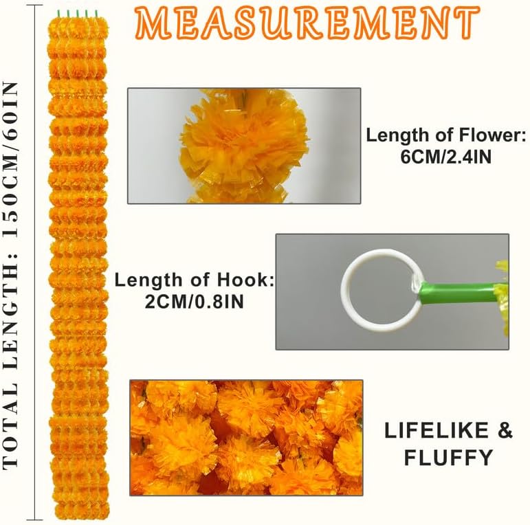 10 Pcs Artificial Marigold Garland for Decoration 5 ft Long Golden Yellow Indian Diawli Decorations for Home, Celebrations Events. Orange - Image 3