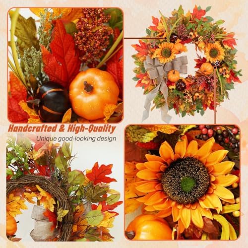 Fall Wreaths for Front Door Outside 24 Inch Autumn Wreath with Pumpkins, Sunflowers, Maple Leaves, Berries & Burlap Bow Fall Door Wreath, Autumn Wreaths for Front Door, Thanksgiving Halloween Decor - Image 4