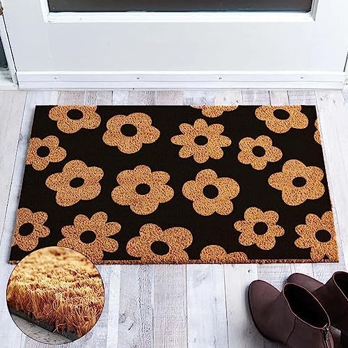 Funny Coir Doormat - Black Summer Floral Flowers Simple Modern Welcome Mat for Porch & Entrance - PVC Backing, Non Slip Outdoor Coconut Coir Rug 23.6x15.7 inch - Image 4
