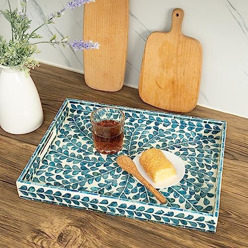 Serving Tray 15.7" X11.8", Lacquer Mother of Pearl Inlay Mosaic Tray, Rectangle Wooden Marble Tray with Handles Trays for Tea, Breakfast in Bed, Table (Blue) - Image 5