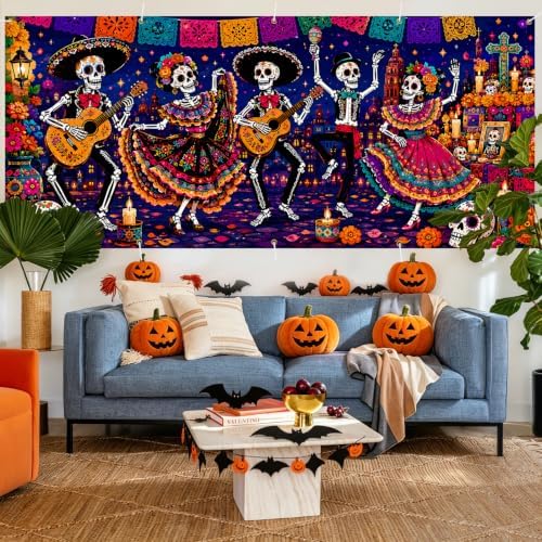 Mexican Day of the Dead Garage Door Banner 7x16ft, Dia de los Muertos Mariachi Skeleton Band Outdoor, Sugar Skull Folklorico Dancing Double Garage Door Cover Tapestry Mural for House Front Holiday - Image 7
