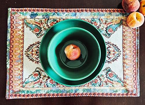 Tache Rococo Elegant Ornate Ivory Colorful Paisley Dining Cotton Linen Tapestry Woven Placemat Set of 4 - Image 5