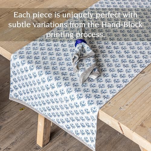Over&Back 18x90 Hand-Blocked Printed Cotton Table Runner - Washable Table Runners for a Custom Home Decor Tablescape - Perfect for Coffee Table, Dinner Table, Living Room, and More - Blue Bloom - Image 3