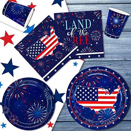 Fourth of July Party Supplies Serve 24, Freedom Fireworks Party Kit Set includes Disposable Plates, Napkins, Cups, Banner and Tablecover for Independence Day Patriotic Events - Image 3