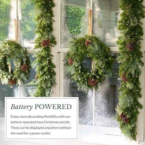 Balsam Hill Mixed Evergreen Window Christmas Wreath - 22" Traditional Greenery Wreath with Faux Candle & Battery-Operated LED Clear Lights for Indoor and Outdoor Holiday Decorating - Image 6