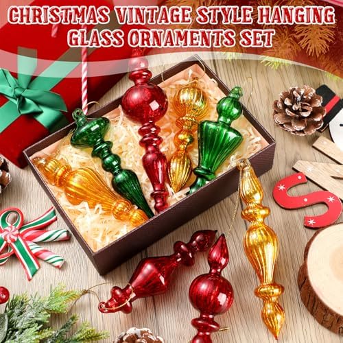 Mifoci 8 Pcs 6 Inch Mercury Glass Finial Christmas Ornaments,Red,Gold,Green - Image 2