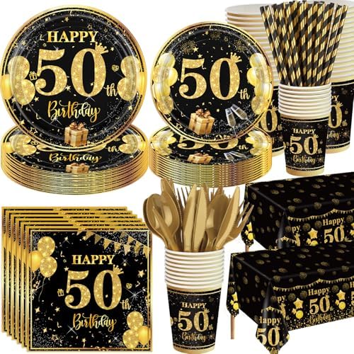 Ceenna 452 Pcs 50th Birthday Party Decoration Men for 50 Guests, Happy Black Gold 50th Birthday Paper Plates Napkins Cups Tablecloth Cutlery Straw Cheers to 50 Tableware Party Supplies for Women Men by Ceenna