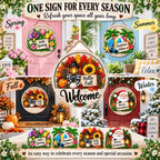 16Pcs Interchangeable Welcome Sign for Front Door Decor, Wreaths for Front Door, 12 Inch Magnetic Round Wooden Door Hanger, Farmhouse Porch Decor for Spring Summer Fall Winter Christmas (Style-1) - Image 4