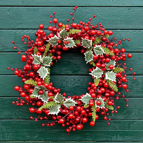 JINGHONG Artificial Christmas Wreath 20 Inch Christmas Wreaths for Front Door Red Berry Wreath with Holly Berries Leaves Pine Needles for Indoor Outdoor Xmas Winter Holidays - Image 4