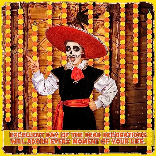 Yunsailing 20 Pcs 5 ft Marigold Day of The Dead Garland for Decorations Diwali Day of The Dead Artificial Marigold Flowers Faux Wedding Decorations for Halloween Home Party(Orange and Yellow) - Image 5