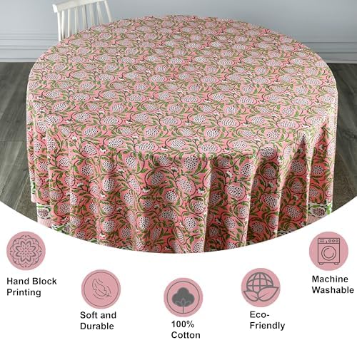 Ridhi Block Print Round Tablecloth Strawberry Pink 90 Inch 100% Cotton - Image 2