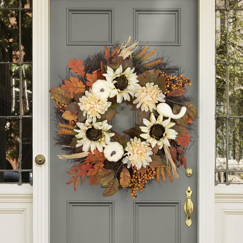 GLLBTPT Fall Wreath Full Handcrafted Autumn Front Door Wreath with Pumpkins Sunflower Berries for Halloween Thanksgiving Harvest Decoration (Sunflower) - Image 3