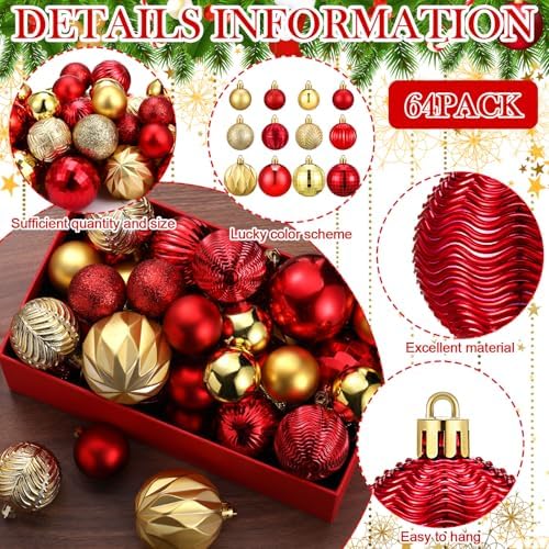 Lunmon 64 Pcs Red and Gold Christmas Ball Ornaments Glitter Xmas Bulbs - Image 4