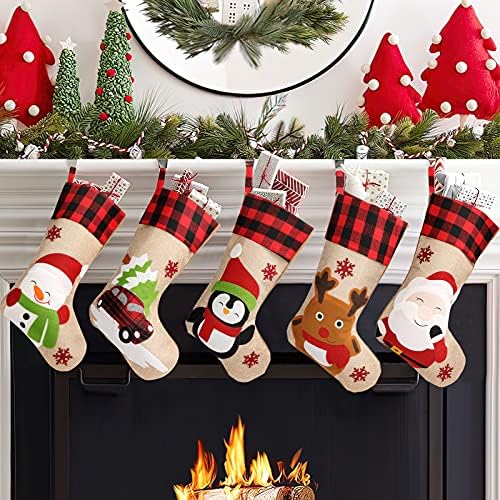 Christmas Stockings 5 Pack, 18'' Large Christmas Stockings with Santa Snowman Gnomes Pattern,Classic Buffalo Plaid Cuff,Xmas Ornaments for Family Stairs Fireplace Tree Hanging by AUTGA
