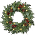 24" Real Touch Pine Christmas Wreath with Lights, with Pine Cones/Berries by Unknown