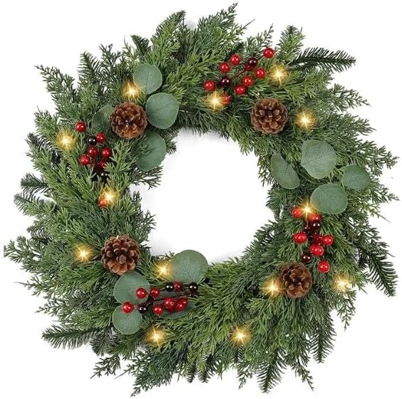 24" Real Touch Pine Christmas Wreath with Lights, with Pine Cones/Berries by Unknown