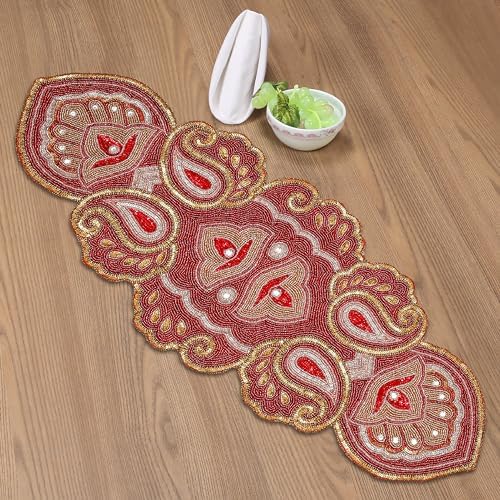 Lightnpro Christmas Beaded Table Runner 13x36 Inch - Maroon Gold Paisley Design - Handmade Elegant Perfect Table Mat for Holiday Décor, Weddings, Thanksgiving, Family Gatherings, New Year Celebration by Lightnpro