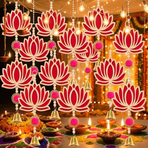 BreezeHug 15 Pcs 9 Inch Lotus Hangings for Diwali Decoration Wooden Lotus Pooja Hangings for Temple Indian Pooja Wood Decoration Backdrops Showpiece for Diwali Home Wall Room Decor - Image 3
