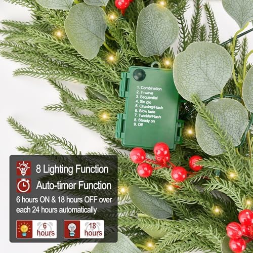 9FT Christmas Garland with Lights, Battery Operated Garland with Red Berries and Eucalyptus Leaves, Real Touch Artificial Prelit Garland for Mantle, Fireplace, Table, Stairs & Christmas Decorations - Image 5