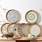 Kmelep Round Rattan Tray with Mother of Pearl Inlay, Rattan Serving Tray with Wooden Base, Decorative Wicker Basket for Table Decor, Storage and Display of Coffee Bread Food Fruit (Bohemia) - Image 5