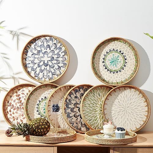 Kmelep Round Rattan Tray with Mother of Pearl Inlay, Rattan Serving Tray with Wooden Base, Decorative Wicker Basket for Table Decor, Storage and Display of Coffee Bread Food Fruit (Bohemia) - Image 5