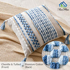 AmHoo Set of 2 Chenille Striped Textured Boho Throw Pillow Covers Aesthetic with Tassels Woven Decorative Pillow Case for Couch Bed Sofa Bedroom Modern Funky 18 x 18-Inch Sky Blue - Image 2