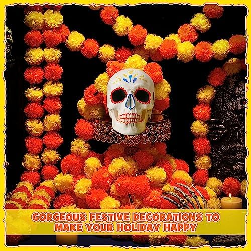 Yunsailing 20 Pcs 5 ft Marigold Day of The Dead Garland for Decorations Diwali Day of The Dead Artificial Marigold Flowers Faux Wedding Decorations for Halloween Home Party(Orange and Yellow) - Image 4