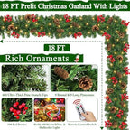 Remote Control 18 FT Extra Long Prelit Christmas Garland with 480Thick Branch Tips Pinecones & Red Berries, 100 Warm White & Multicolor LED Lights 8 Modes Timer for Stairs Mantel Doorway Decor - Image 2