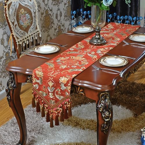 Extra Luxury Velvet Red Table Runner 120 Inches Long with Vintage Damask Jacquard Design for Dining Room,Living Room,Home Decor,Elegant Beaded Tapestry (X-Red, 13×120 inch) - Image 3