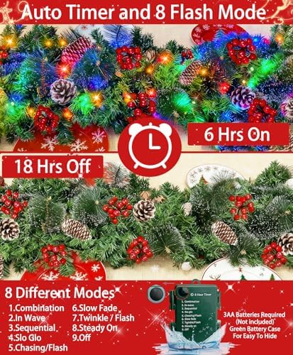 TURNMEON 9 Ft Prelit Artificial Christmas Garland Decor Timer 50 Lights 8 Modes Berry Snowy Bristle Pinecone Battery Operated Xmas Christmas Decoration Mantle Fireplace Home Indoor Outdoor - Image 3