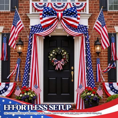 Breling 4th of July Patriotic Bunting Door Porch Decorations 32ft Patriotic Porch Banner with Large 4th of July Bow Red White and Blue Independence Day 250th Anniversary Banner Outdoor Yard Decor - Image 4